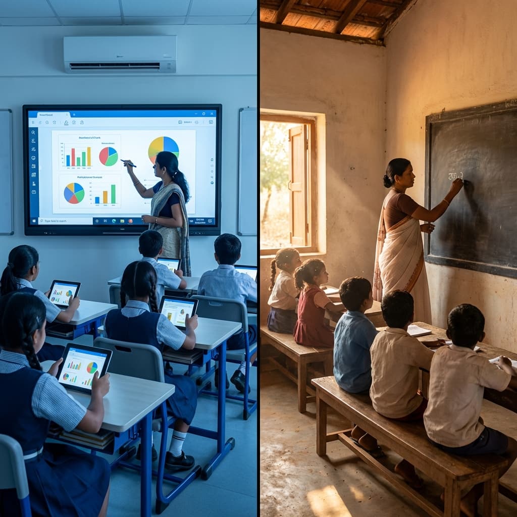 The contrast between a high-tech modern classroom and a rural village classroom in India